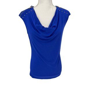 Carmen by Carmen Marc Valvo sleeveless top S waterfall neck blue studs zipper